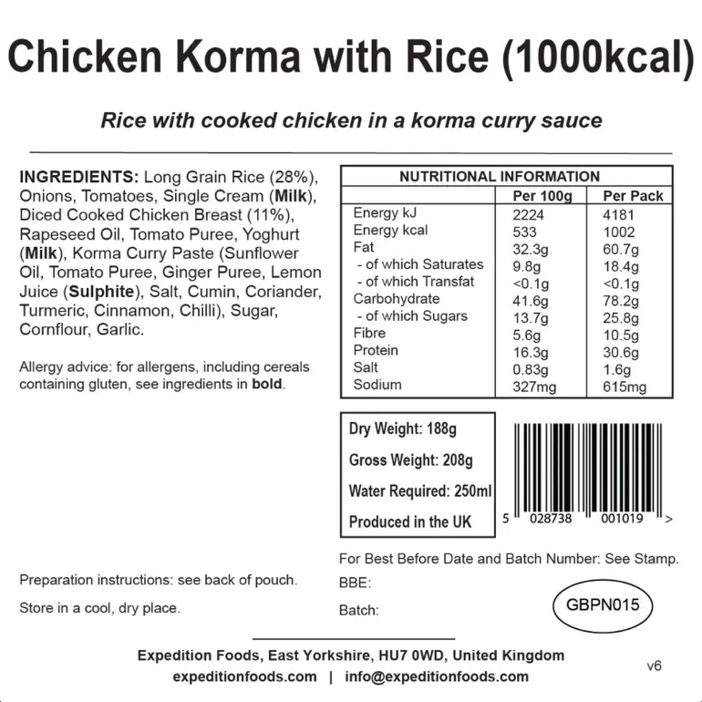 Expedition Foods Chicken Korma with Rice - 1000kcal