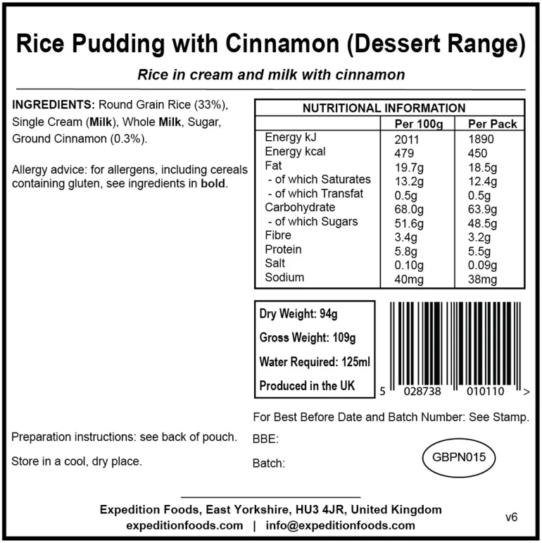 Expedition Foods Rice Pudding with Cinnamon - Dessert Range